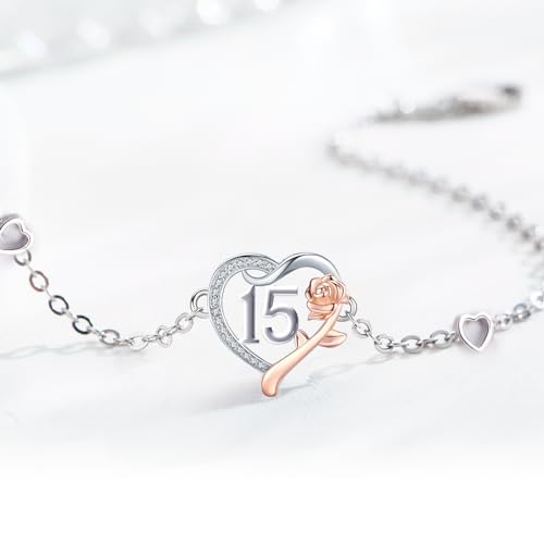 13th/15th/16th/18th/21st/30th/40th/50th/75th/80th Birthday Gifts for Women Daughter Wife Mom 925 Sterling Silver 18 Year Old Girl Birthday Gifts Heart Rose Flower Adjustable Bracelet Mothers Day Christmas Anniversary Graduation Jewelry4