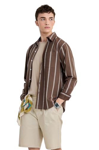 Image of SNITCH Men Casual Shirt | Regular Fit Long Sleeve Button-Down Collar Striped Pattern | 100% Cotton Breathable Fabric Smart Casual Summer Styling