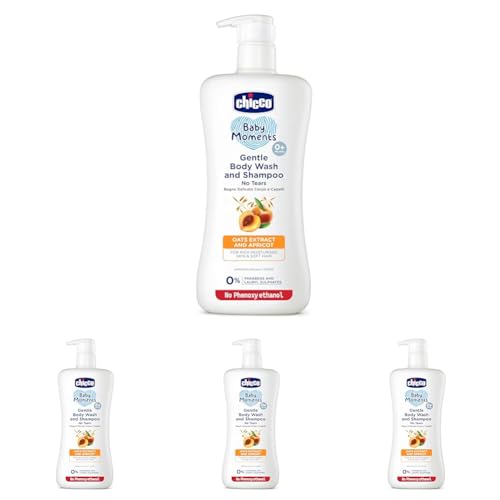 Image of Chicco Baby Moments Gentle Bodywash & Shampoo with Oats Extracts & Apricot, 650ml | Head-to-Toe | No Tears Formula | Moisturized Skin & Hair | Dermatologically Tested | Parabens & Phenoxyethanol Free