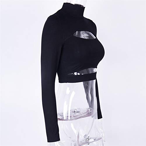 Susupeng Women Mock Neck Long Sleeve Cut Out Open Front Crop Top Tee Tops Slim Short T-Shirt (Small, Black)