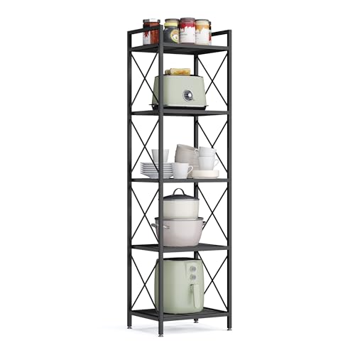 SONGMICS 5-Tier Metal Storage Rack, Shelving Unit with X Side Frames, Dense Mesh, 12.6 x 15.7 x 57.3 Inches, for Entryway, Kitchen, Living Room, Bathroom, Industrial Style, Ink Black UBSC145B01