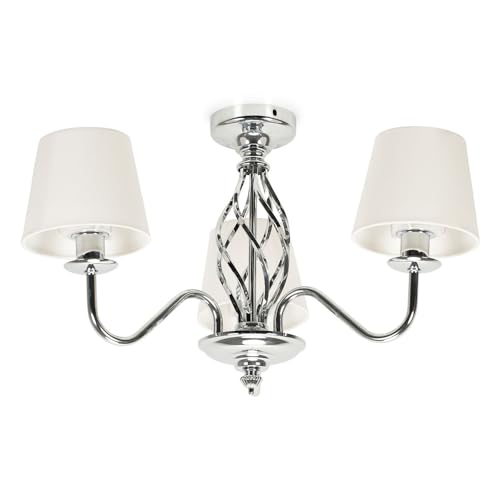 Image of ValueLights | Traditional Silver Chrome 3 Light Ceiling Light Chandelier for Living Room with Fabric Lampshade Hallway Lamps | Ceiling Lights, Home Décor Essential | Included LED Bulb | Mains Wired