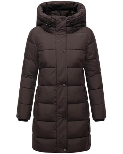 MARIKOO Damen Wintermantel warmer Steppmantel lang mit Kapuze und hohem Kragen Karumikoo XVI Choco Gr. 3XL