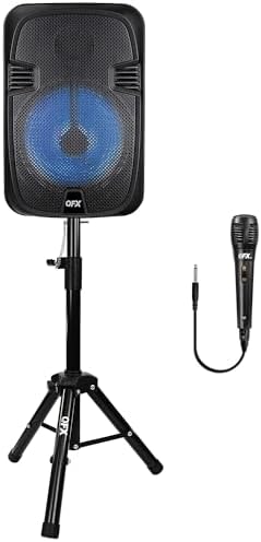 QFX PBX-1206SM PBX-1206SM 12-in. 21-Watt True Wireless Stereo Bluetooth Rechargeable Speaker with Wired Microphone and Stand