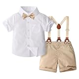 Yruioon Conjunto de traje de verano para bebé, festivo, traje de caballero, camisa de manga corta con tirantes, pantalones cortos, pajarita para boda, bautizo, Blanco Caqui, 104-110