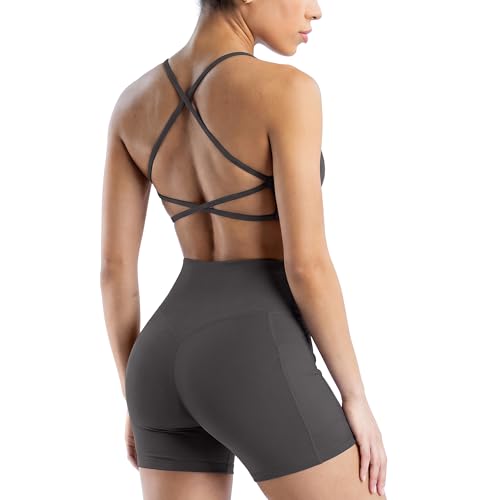 SUUKSESS 2 Piece Workout Sets for Women Open Back Sports Bra High Waist Biker Shorts with Pockets Scrunch Booty Lift Gym Sets (Dark Grey, S)