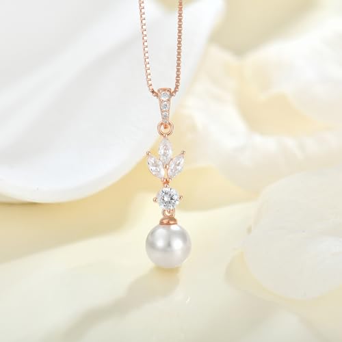 Women 925 Sterling Silver 8MM Pearl Pendant Necklace Leaf with 5A Cubic Zirconia for Her Mom Mother Wife Daughter Grandma Jewelry Gifts2