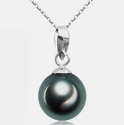 Lzz 925 Sterling Silver Tahitian Nanhai Freshwater Cultured Pearl Pendant Necklace Black Pearl Pendant Necklace 9-10 mm Round Pearl Pendant Ladies Necklace