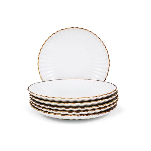 CARK - Juego de 6 Platos Cerámicos Planos 20cm, Aptos para Microondas y Lavavajillas, Blanco Brillante,Vajilla apilable,Platos Moderno，elegante y duradero,resistentes al horno