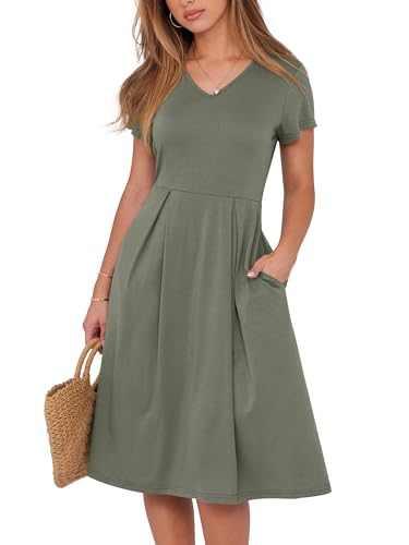 Image of ANRABESS Women Summer Dress Casual Short Sleeve V Neck A-Line Knee Length Pleated Flowy 2026 Fashion Midi Dresses with Pocket