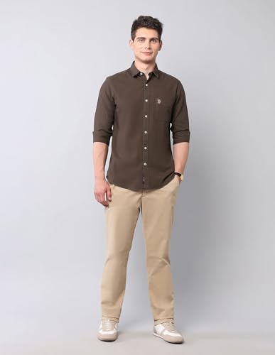 Image of U.S. Polo ASSN. Solid Slim Fit Shirts for Men - 100% Cotton, Full Sleeve Mens Casual Shirts