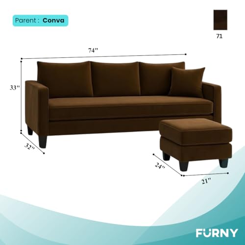 Image of FURNY Conva 4 Seater L Shape Sofa Set with Movable Ottoman | Flexible Left or Right Layout | Plush Velvet Fabric (Dark Brown) | Perfect for Living Room, Guest Room & Office