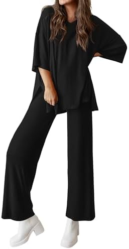 MASCOMODA Womens Summer 2 Piece Outfits Short Sleeve V Neck Tops Wide Leg Long Pants Casual Tracksuit Lounge Set(Black,Large)