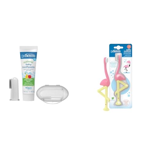 Image of Dr. Brown's 100% Silicone Baby Finger Toothbrush and Toothpaste Set & Baby and Toddler Toothbrush, Flamingo 1-Pack, 1-4 Years