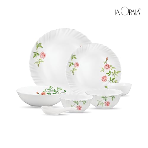 Image of La Opala Opal Glass Crockery | for Family of 6 | Dinner Set 35 pcs Rose Garden | Plates & Bowls for Dining | Microwave Safe | 100% Vegetarian | Extra Strong | Extra Light & White