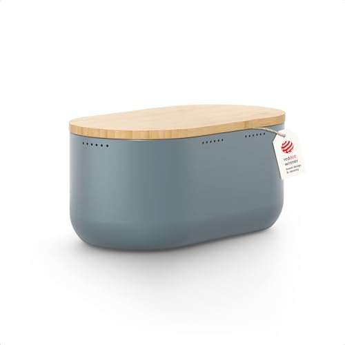 Image of LARS NYSOM Bread Box I Metal bread box for long lasting freshness with non-slip pads I Baked goods Bin with bamboo lid usable as cutting board I 13.6x7.3x6.2in (Stone Blue)