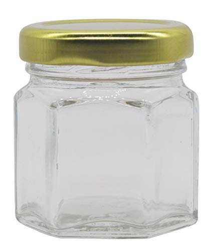 Image of Cute Hexagonal 50 Grams Airtight Glass Jar Containers for Honey, Spices & Other Kitchen Items with Rust Proof Golden Color Caps -Set of 12