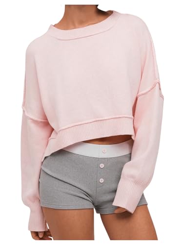 Image of RoseSeek Women's Crew Neck Long Sleeve Cropped Sweaters Drop Shoulder Knit Pullovers