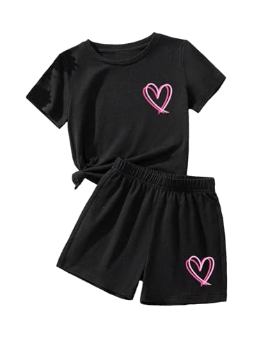 Image of SweatyRocks Girl's 2 Piece Outfits Tie Dye Short Sleeve Crewneck Top and Shorts Set Black Heart 9Y