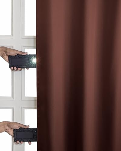 Image of The Home Story Espresso Brown Blackout Eyelet Window Curtains Set of 2, (5 Feet) 54 x 60 Inches, Room Darkening & Noise Reduction Curtains with Tiebacks
