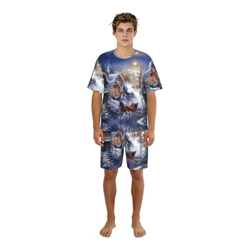 Pyjama short homme anti-chaleur ensemble léger manches courtes imprimé village Noël