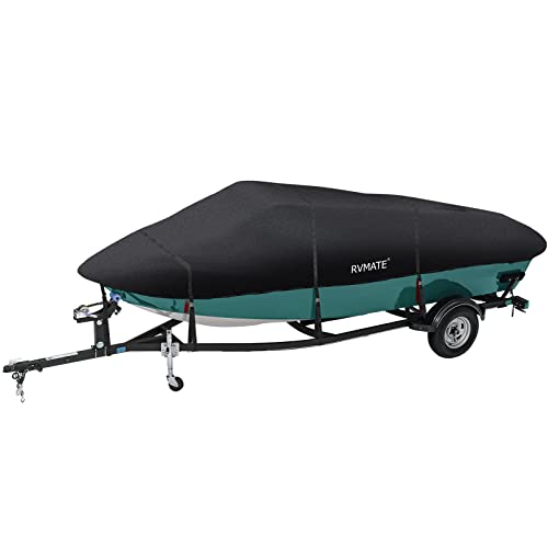 RVMATE 14-16ft Boat Cover, 210D Marine Grade Polyester, Fits V-Hull, Tri-Hull, Fishing Boat, Runabout, Length:14’-16’, Beam Width:90”, Black