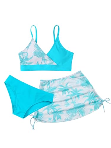 ESHOO Girls Swimsuit 3 Piece Bikini Set Tropical Print Cross V Neck Bathing Suits Girls' Swimwear with Cover Up Skirt 10-16T