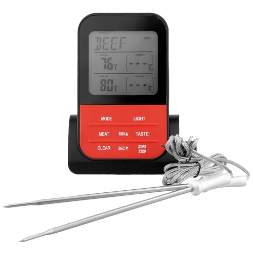 QWORK® termometro barbacoa, meat thermometer, termometro digital cocina, con 2 sensores de temperatura, temporizador y pantalla LCD, ideal para barbacoa, horno y camping, pilas no incluidas