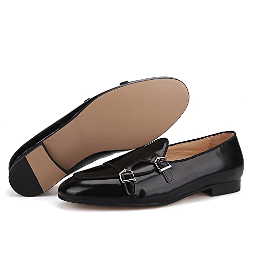 HI&HANN Black Hand-Polished Calfskin Patchwork Velvet Double-Monk Belgian Loafers for Party and Prom Men's Smoking Slippers3