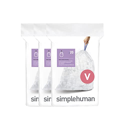 Image of simplehuman Code V 60 Count, Genuine Custom Fit Liners, Drawstring Trash Bags in Dispenser Packs, 16-18 Liter / 4.2-4.8 Gallon, Clear