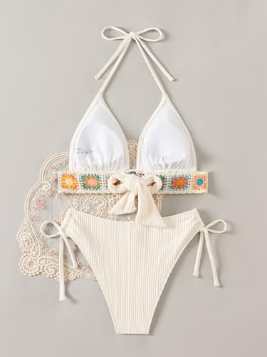 Women's Floral Embroidery Halter Padded Bikini Set Cut Out Boho Bathing Suit Swimsuit2