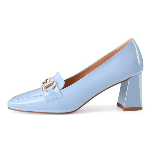 Image of Womens Mid Block Chunky Heeled Loafers Closed Square Toe Patent Leather Comfortable Slip On Pumps Metal Chain Basic Classic Casual Work Office Dress Shoes 2.8 Inches Heels