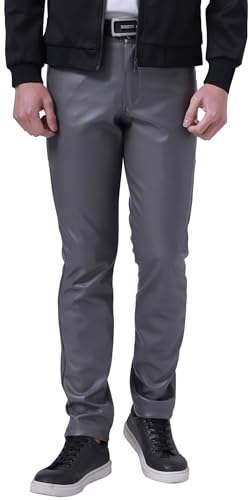 FEOYA Pantalones de cuero ajustados elásticos para hombre con aspecto mojado en lápiz de piel sintética PU, pantalones de pierna recta de cintura media para motocicleta, motociclista, baile, bar