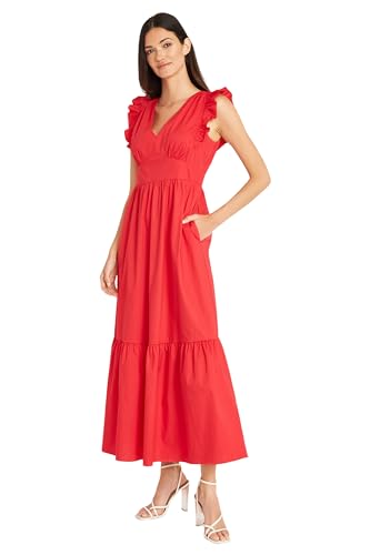 Image of Maggy London Women's V-Neck Ruffle Details Cotton Poplin Maxi Dress