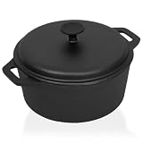 Kaloriko Gusseisentopf Ø26,5 cm schmortopf mit griff und deckel, 5 l füllmenge, geeignet für induktion gas elektro ceran herd, ideal zum kochen garen im backofen und auf dem grill