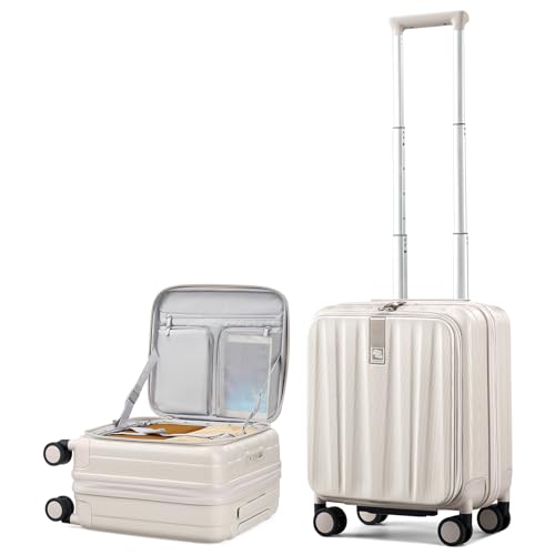 Hanke 16 Inch Expandable Under Seat Luggage with Wheels Top Opening Small Suitcase with Wheels Carry On Luggage Airline Approved Lightweight Hard Shell Suitcases for Weekender Overnight-Ivory White