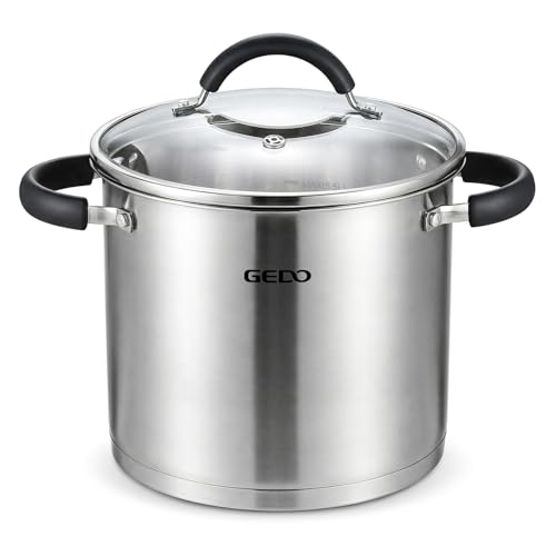 GEDO Food-Grade 304 Stainless Steel Stock Pot Thickened Cooking Pot with Tempered Glass Lid Heat-Resistant Handles Fits All Stovetops for Soup Stew Canning Dishwasher Safe (10 Quarts)