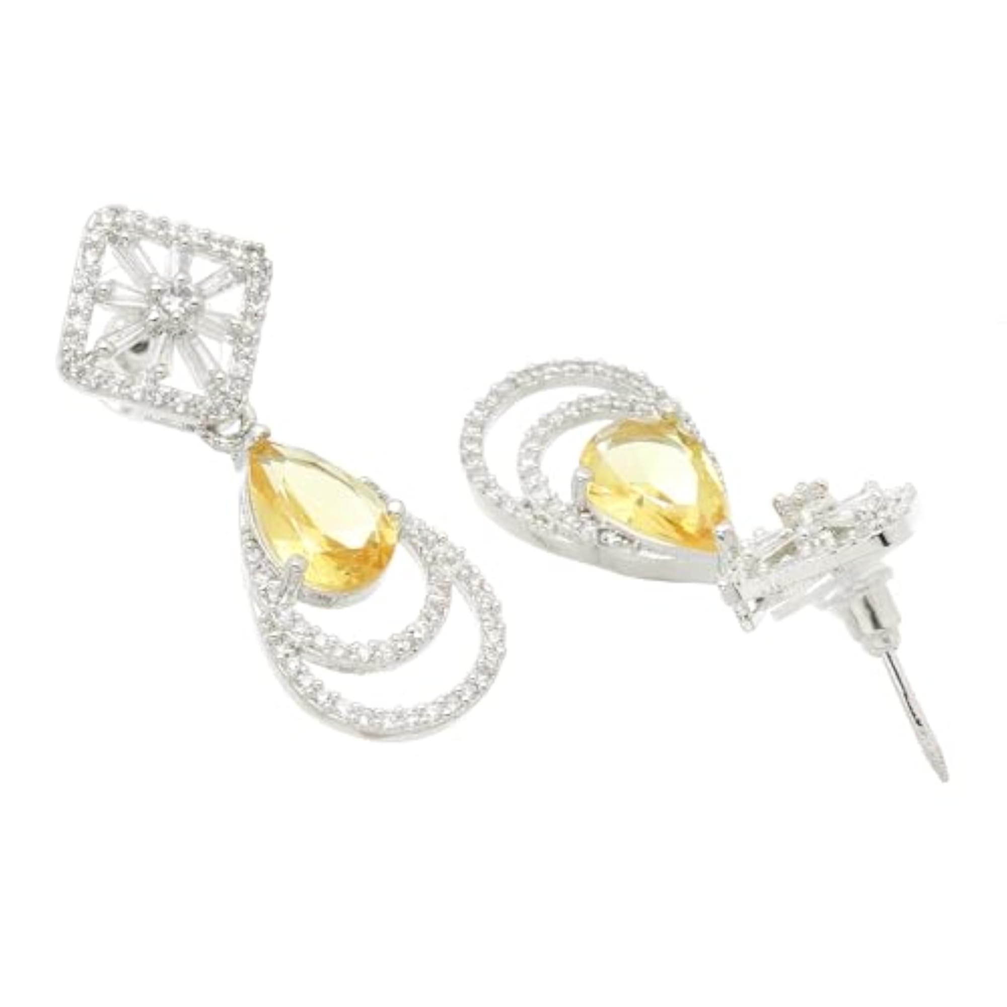 Rhodium-Plated American Diamond Teardrop Drop Earrings