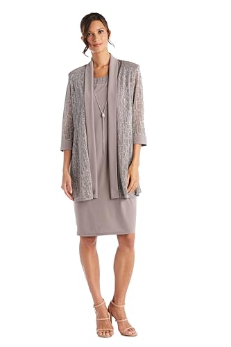 Image of R&M Richards Women's Elegant Metallic Jacquard Knit Jacket Dress | Shimmering 2-Piece Ensemble W /Detachable Necklace