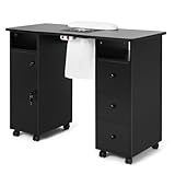 Artist hand Manicure Table, Nail Beauty Manicure Desk, Nail Tech Table Station with Electric Downdraft Vent, Wrist Cushion, Lockable Wheels, Storage Drawers, Wooden Handle, Black