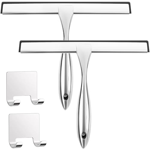 Duschabzieher – 2 Stück Fensterabzieher, Edelstahl-Duschabzieher für Duschtüren mit Haken, Duschwischer für Badezimmer, Fenster, Spiegel und Auto-Windschutzscheibe, Silber