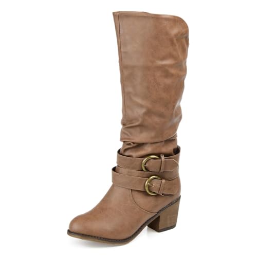 YDN Women Knee High Boots Buckle Strap Round Toe Cowgirl Long Booties Chunky Mid Heel Pull On Shoes Party Prom Daily Size 4-16 US