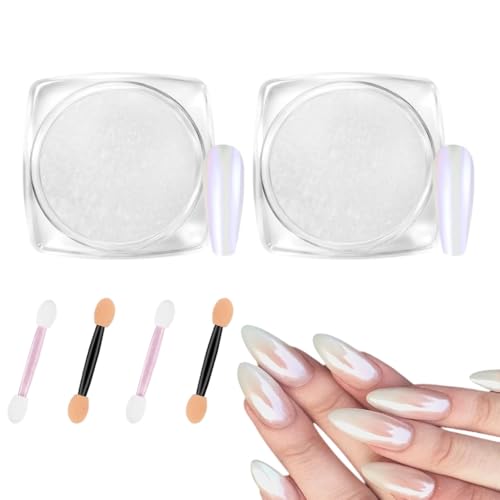 LOPHE Polvo de Uñas de Cromo, 2 Tarros Perla Cromo Uñas Brillo en Polvo, Efecto Espejo Clavo con 4 Palos de Sombra de Ojos, Destello Empolvar de Pigmento para Decoración (Blanco*2)