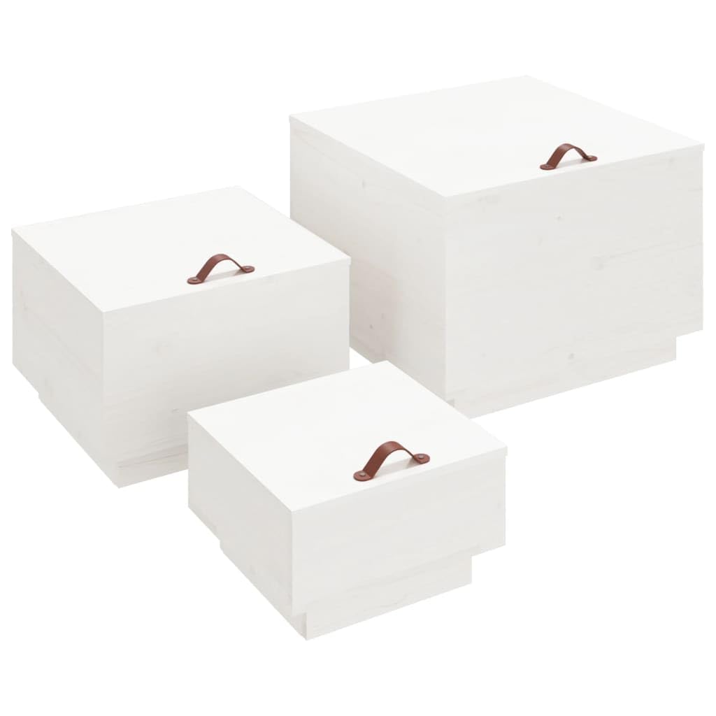 Juego de 3 cajas de almacenamiento de madera maciza de pino blanco con tapa y asa, para oficina, salón, jardín, camping, garaje, 57 x 55 x 40 cm, 45 x 43 x 30 cm, 35 x