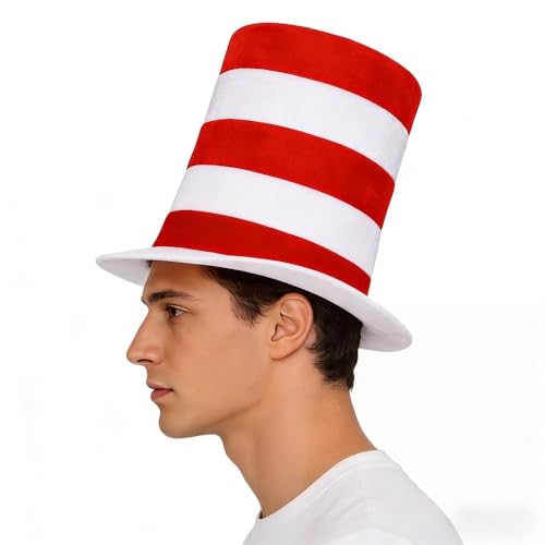 Wgudzpj Red White Striped Felt Top Hat, Halloween Cat Cosplay Costume Accessories and Headwear