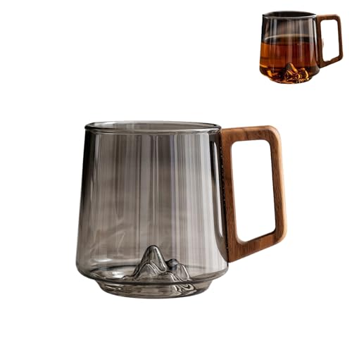 Smokey Gray Glass Slanted Coffee Cups With Wooden Handle, Creative Wonder Mountain Bottom Wood Handle Cup, Clear Glass Mugs,Wood
