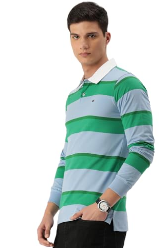 Image of Peter England Men Cotton Blend Striped Slim Fit Polo Shirt
