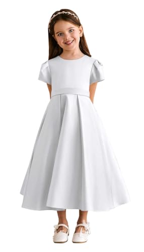 A-Line Puff Sleeves Satin Princess Flower Girl Dress Tea Length Round Neck Pageant Bows Junior Bridesmaid Dresses