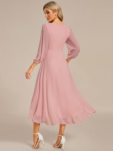 Image of Ever-Pretty Women's Chiffon V Neck Long Sleeves A-Line Midi Length Wedding Guest Dress Cocktail Party Formal Dresses 01926