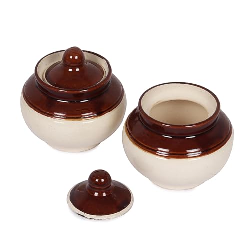 Image of QIMACPLUS Handcrafted Ceramic Pickle Jar Set with Lids - Achar Barni | Achar Ki Barni | Containers for Pickle, Spices, Chutney, and Sauces Storage (Pack of 2-250ml)